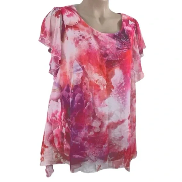 ONE WORLD Pink and Red Flutter Sleeve Blouse - Picture 12 of 15